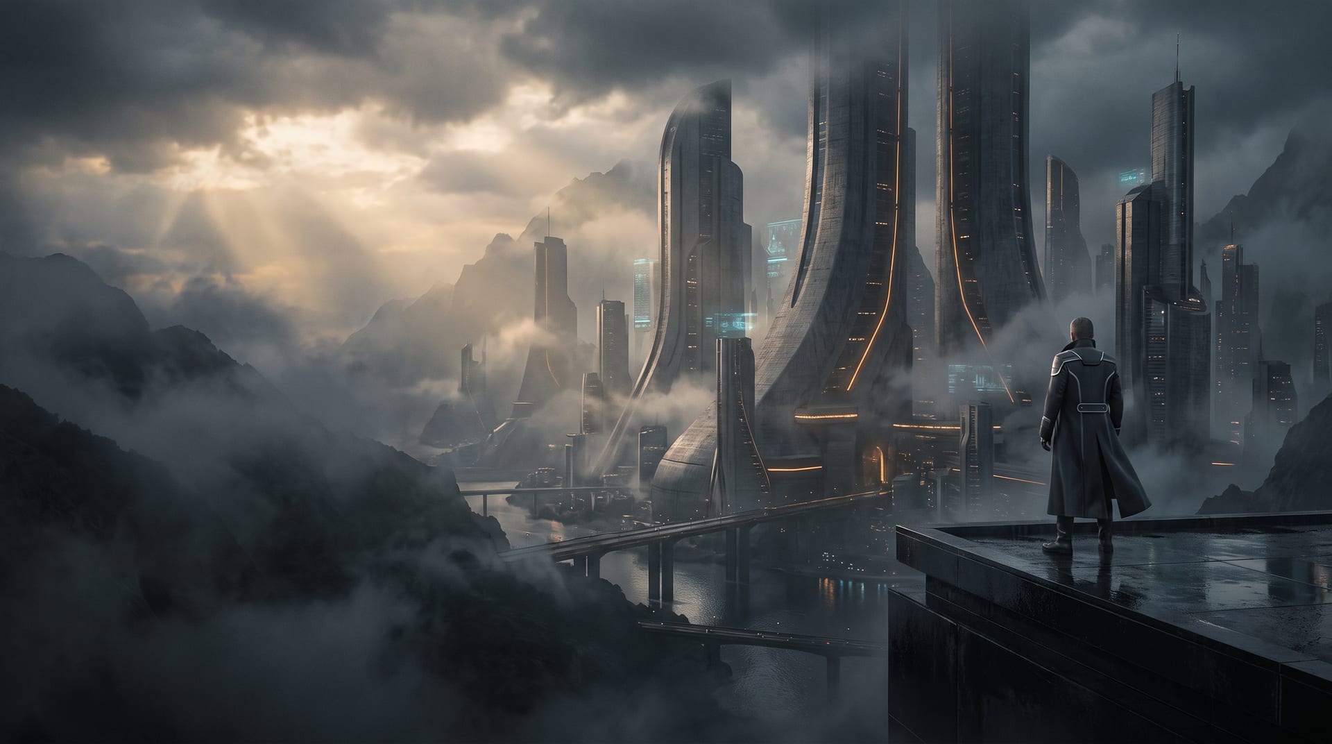 A lone creator in a long coat stands on a rain-wet ledge, looking out over a vast futuristic city of towering monoliths rising through mist and golden light.