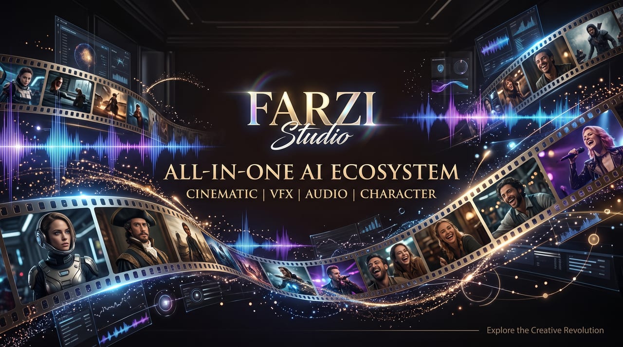 FARZI Studio banner: All-in-one AI ecosystem - cinematic, VFX, audio and character - shown as glowing film strips of AI-generated characters and sound waves.