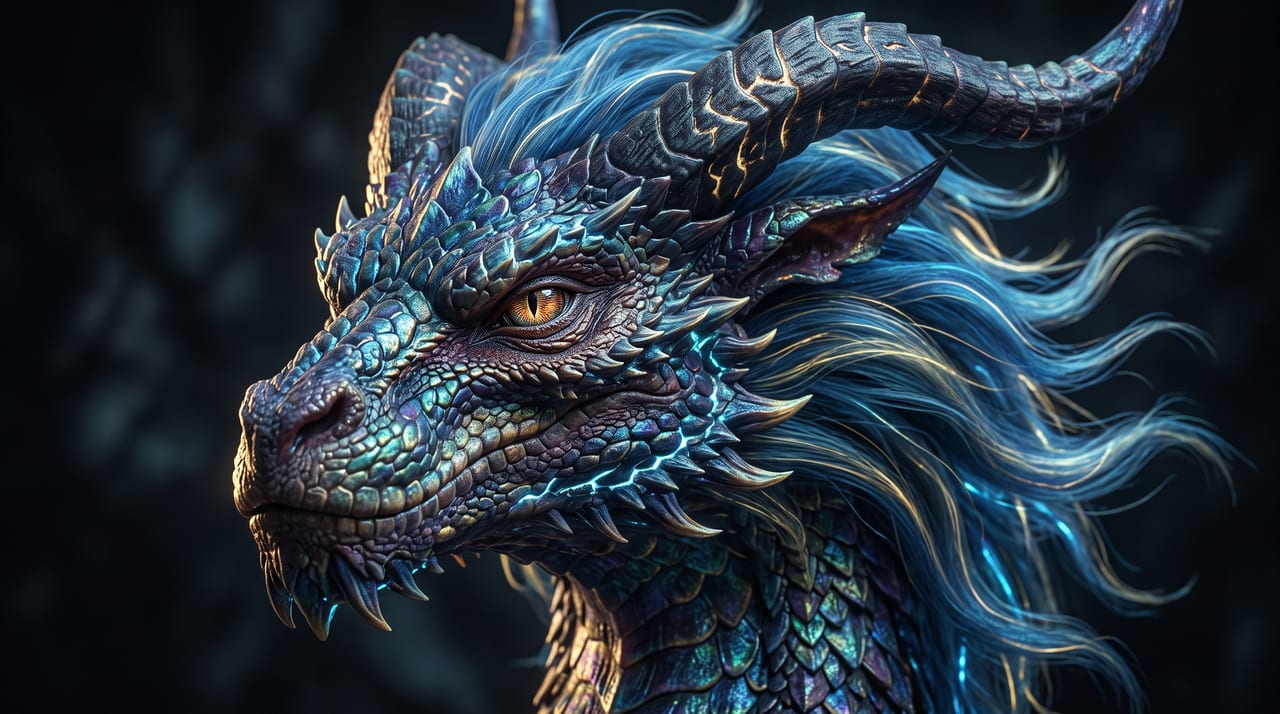 Close-up of a mythical dragon with iridescent blue scales, golden eyes and luminous glowing veins.